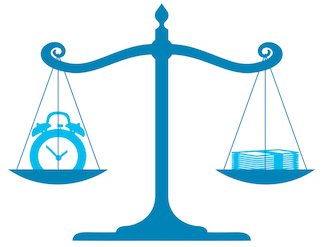 balance-scale with clock on left, stack of money on the right